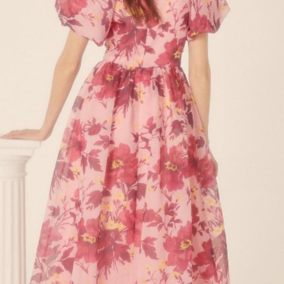 OASIS Floral Ruched V Neck Organza Midi Dress, US 8 - Picture 3 of 4